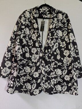 Robert Louis Floral Print Blazer Jacket Black White Plus Size 3X NWT